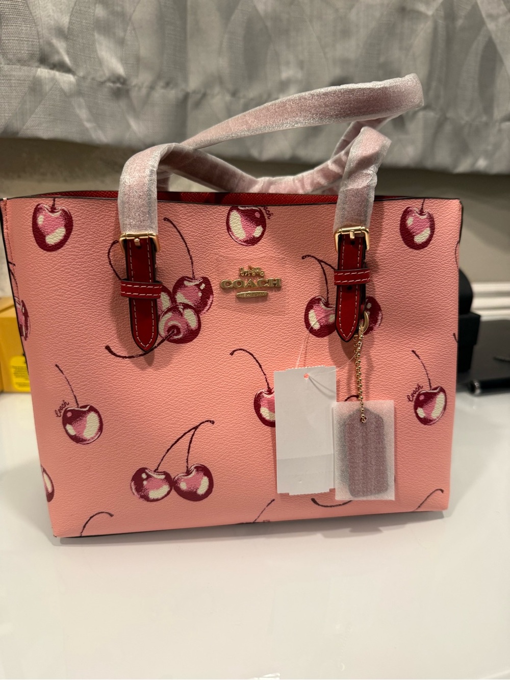 Coach Pink Cherry Print Leather Tote with Red Trim